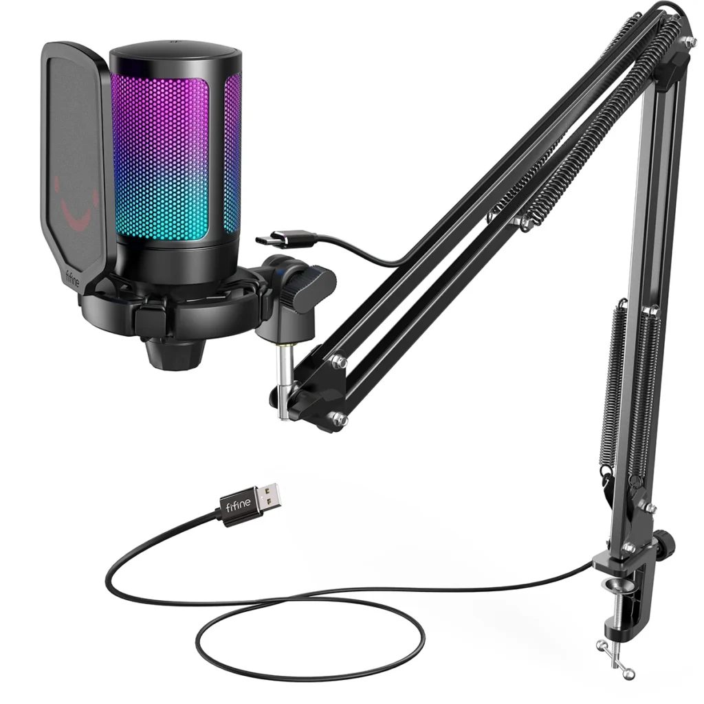 FIFINE A6T USB Gaming Microphone Kit – Condenser Mic with RGB, Mute & Arm Stand