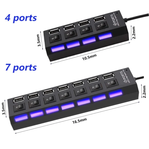 USB 2.0 Hub – 4/7 Port Multi USB Splitter with Power Adapter & Switch