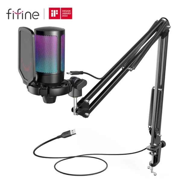 FIFINE A6T USB Gaming Microphone Kit – Condenser Mic with RGB, Mute & Arm Stand