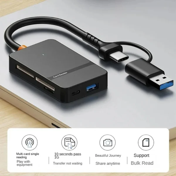 Multi-Functional 8-in-1 Card Reader – USB-C & USB 3.0, 5Gbps Adapter