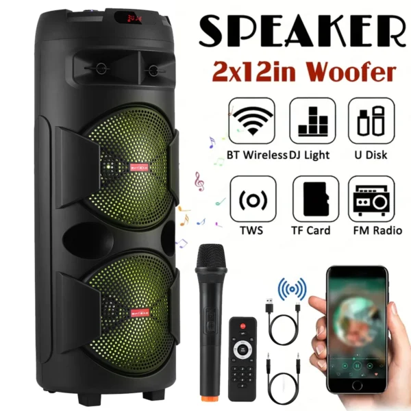 9000W Bluetooth Party Speaker – Dual 12" Subwoofer, TWS, FM, USB/TF, RGB