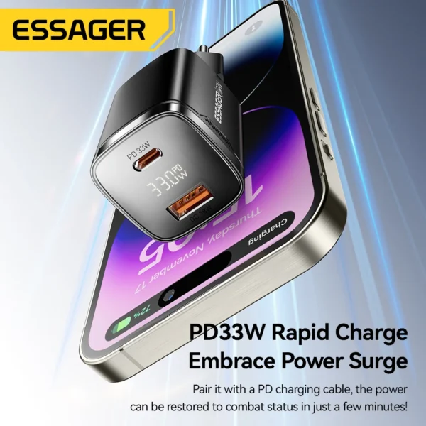 Essager 33W GaN Charger – USB-C PD Fast Charging with Digital Display