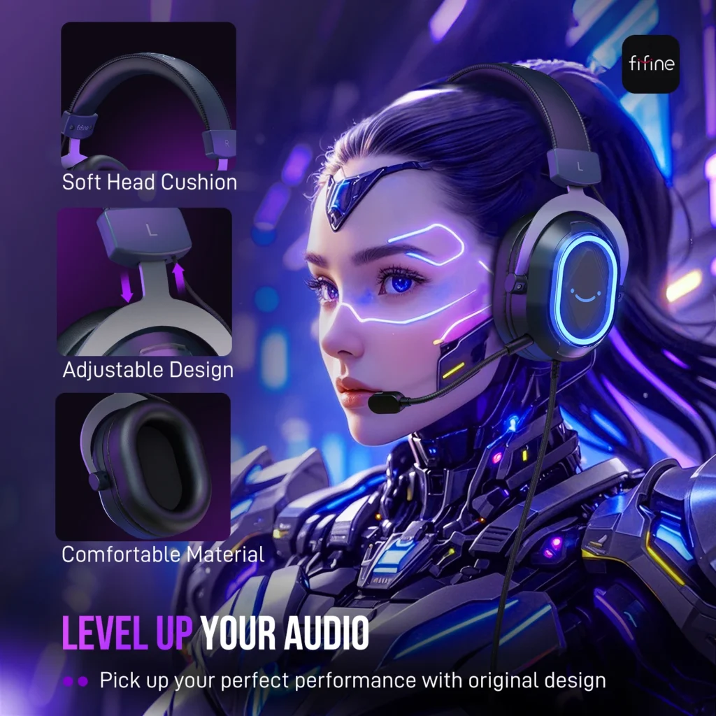 FIFINE H13 Gaming Headphones – RGB, Detachable Mic, PC/PS4/5