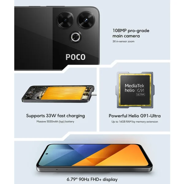 POCO M6 Smartphone – Helio G91, 108MP Pro Camera, 33W Charger, UK Version