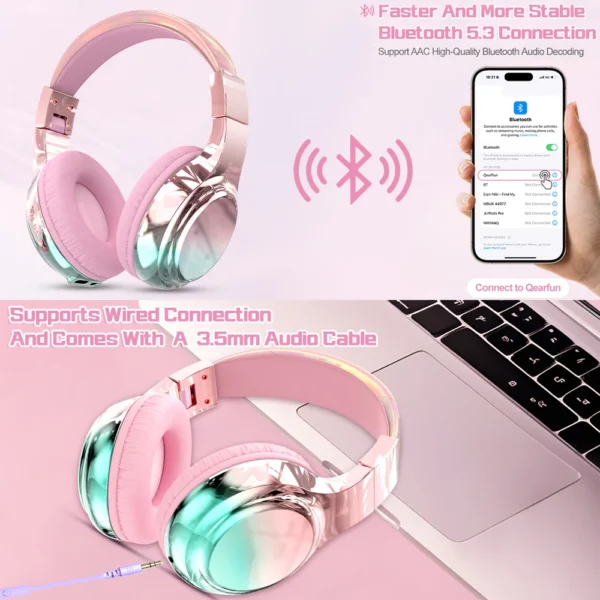 Glossy Pink Headphones – Wireless Bluetooth 5.3, With Mic