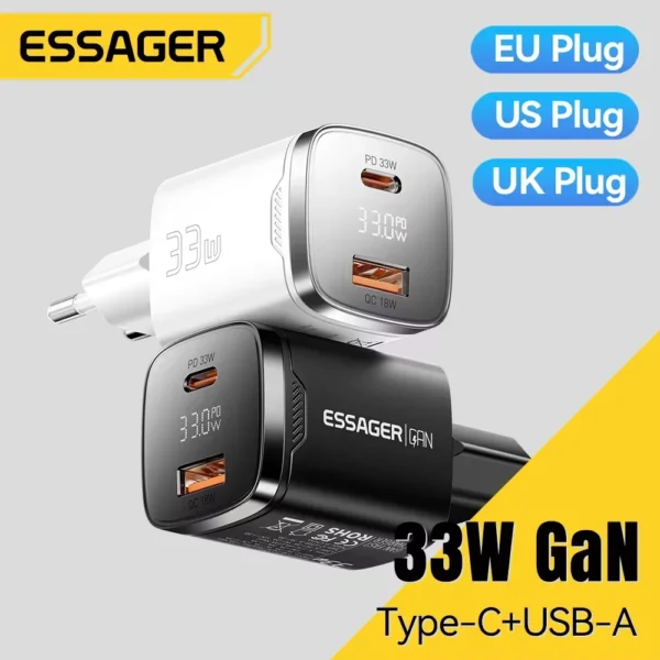 Essager 33W GaN Charger – USB-C PD Fast Charging with Digital Display