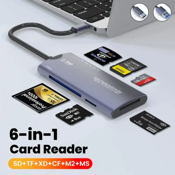 High-Speed 6-in-1 Card Reader – For Camera Memory Cards & Computer