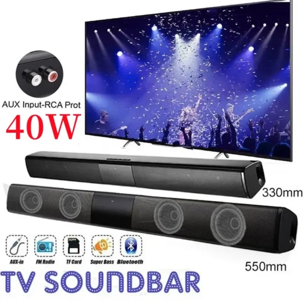 40W Portable Bluetooth Soundbar – Wireless Audio System for TV, PC & Home Theater