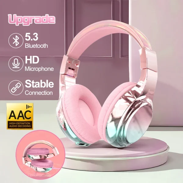 Glossy Pink Headphones – Wireless Bluetooth 5.3, With Mic