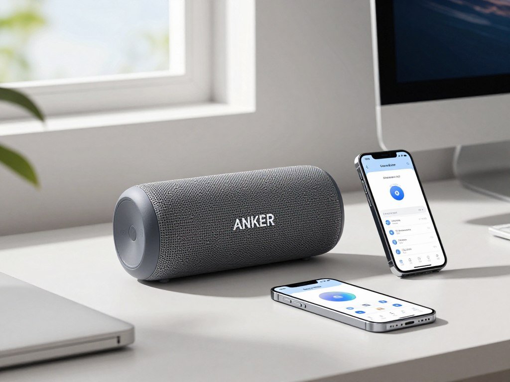 Anker Soundcore Motion 300 speaker on desk with smartphone showing app controls