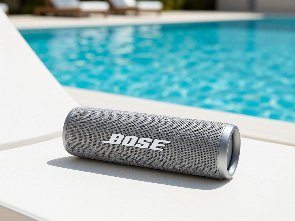 Bose SoundLink Flex speaker positioned on poolside lounge chair