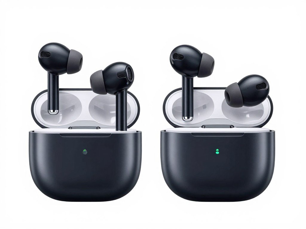 Close-up comparison of true wireless earbuds versus traditional wired earbuds