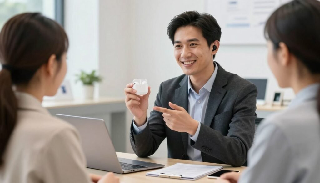 Customer service representative answering questions about wireless earbuds