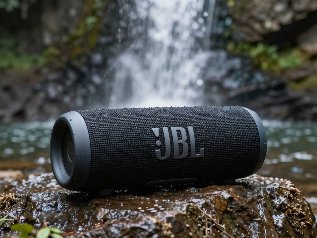 JBL Charge 6 waterproof bluetooth speaker on rocky surface near waterfall