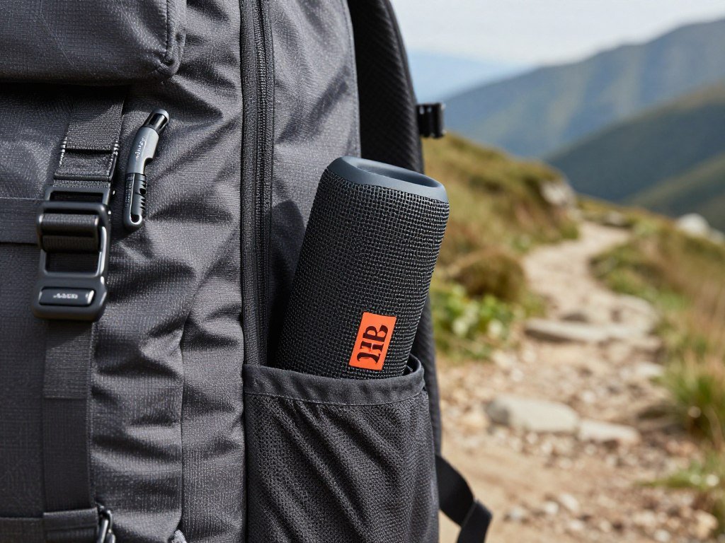 JBL Flip 7 compact bluetooth speaker in backpack pocket during hiking