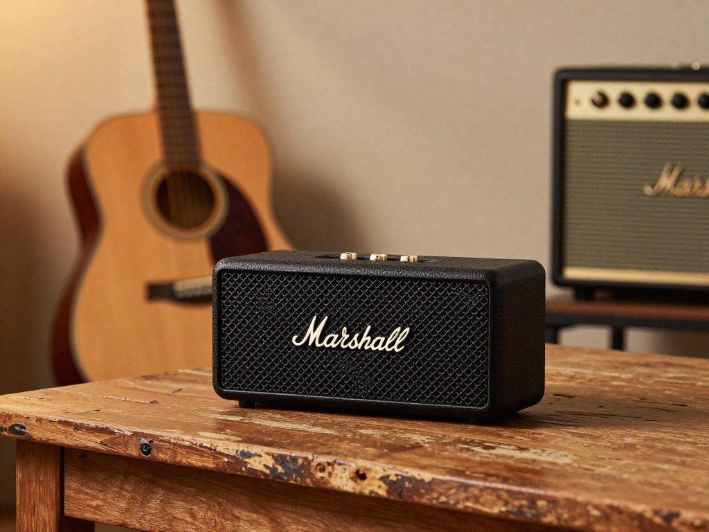 Marshall Middleton bluetooth speaker on vintage wooden table with guitar