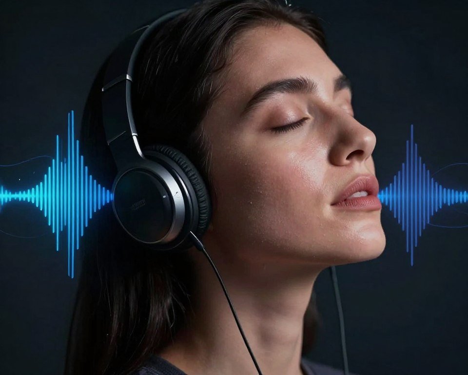 Person enjoying detailed music with visible sound quality visualization