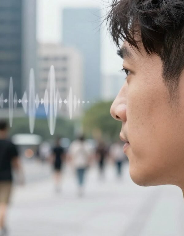 Person wearing true wireless noise cancelling earbuds in urban environment