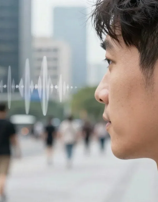 Person wearing true wireless noise cancelling earbuds in urban environment