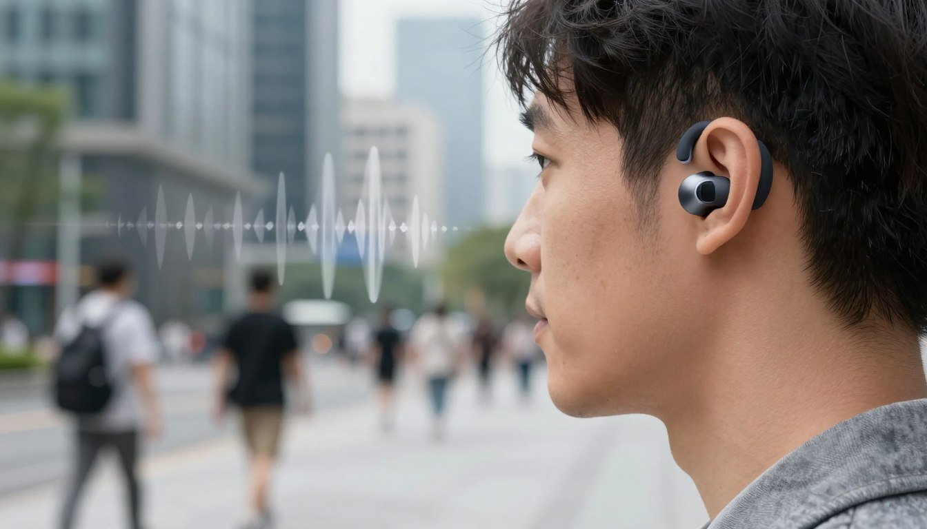 Person wearing true wireless noise cancelling earbuds in urban environment