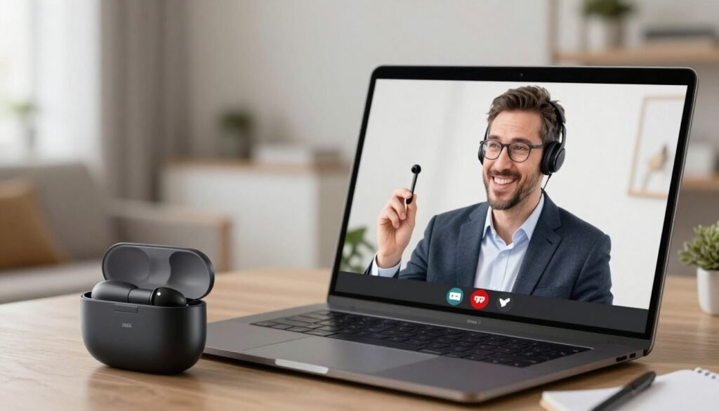 Professional on video call using Jabra Elite 85t earbuds