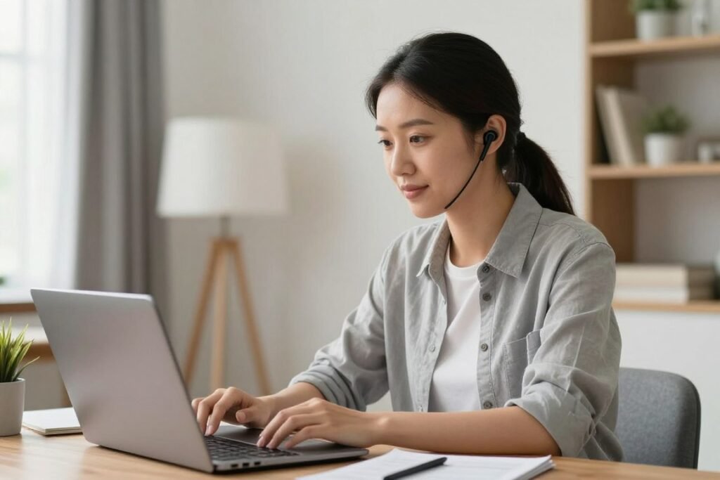Professional working from home using wireless earbuds for video call