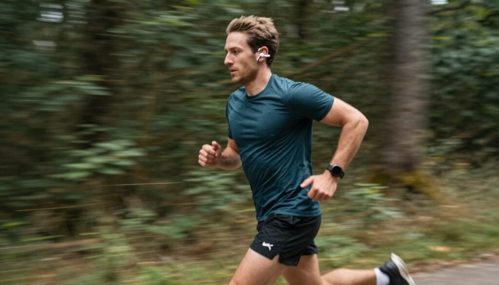 Runner using wireless earbuds on outdoor trail