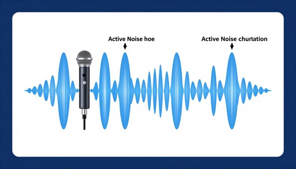 Technical diagram showing how active noise cancellation works in earbuds