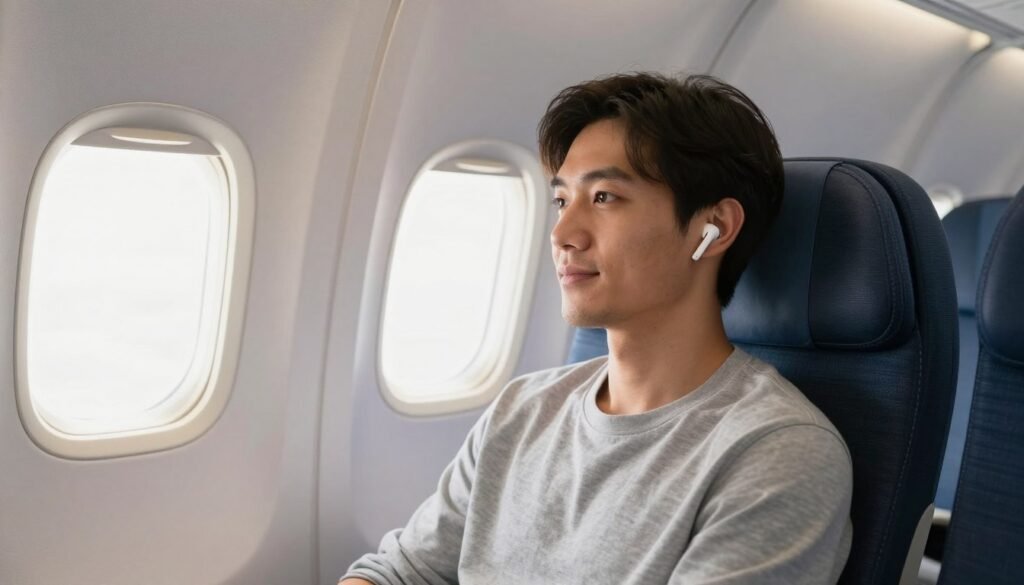 Traveler using wireless noise cancelling earbuds on airplane