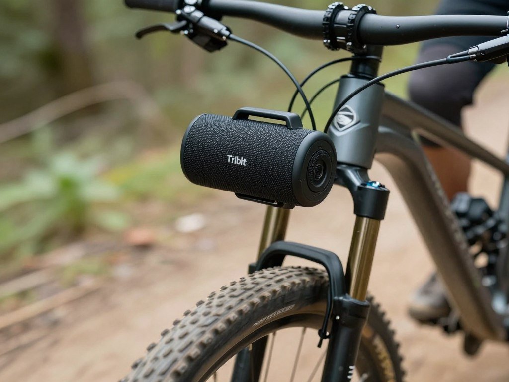 Tribit StormBox Micro 2 attached to bicycle handlebar during mountain biking