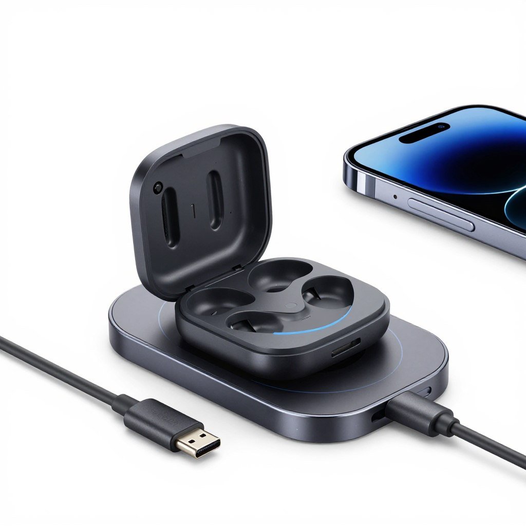Wireless earbud charging case showing USB-C and wireless charging options