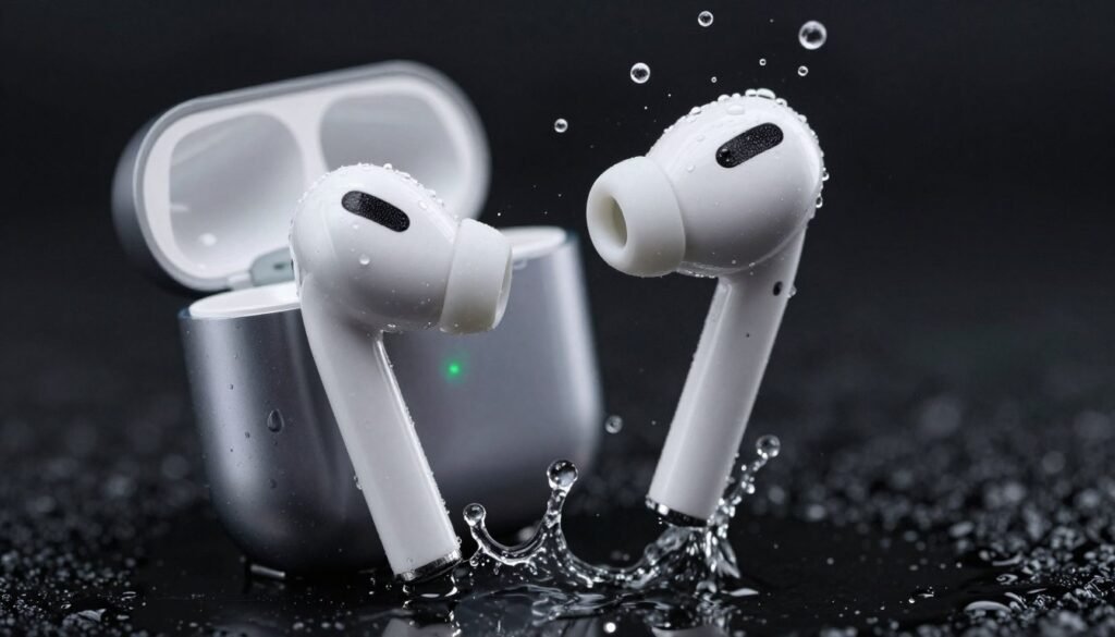 Wireless earbuds being tested with water droplets