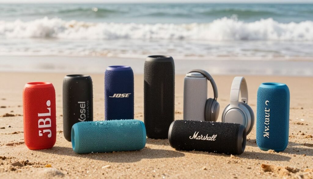 Best portable bluetooth speakers waterproof lined up on beach with ocean waves
