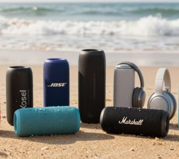 Best portable bluetooth speakers waterproof lined up on beach with ocean waves