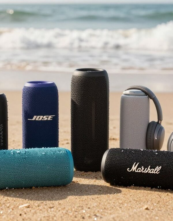 Best portable bluetooth speakers waterproof lined up on beach with ocean waves