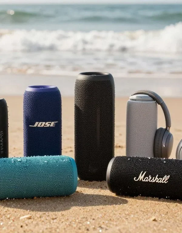 Best portable bluetooth speakers waterproof lined up on beach with ocean waves