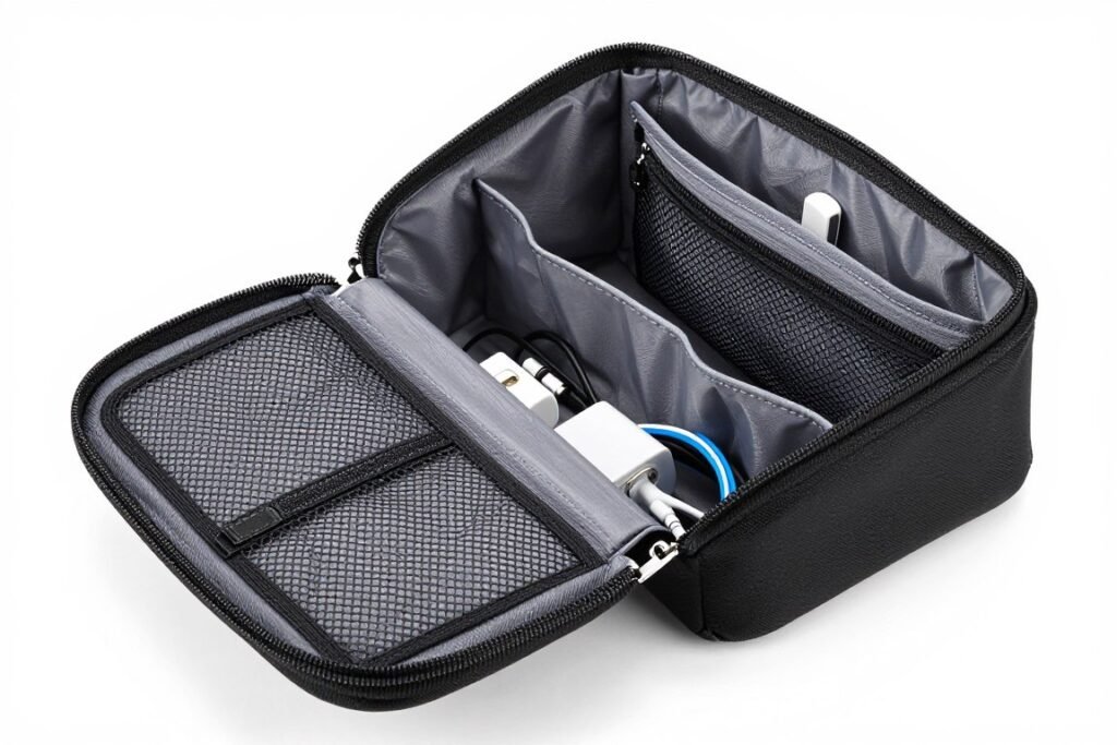electronics travel organizer with cable management compartments