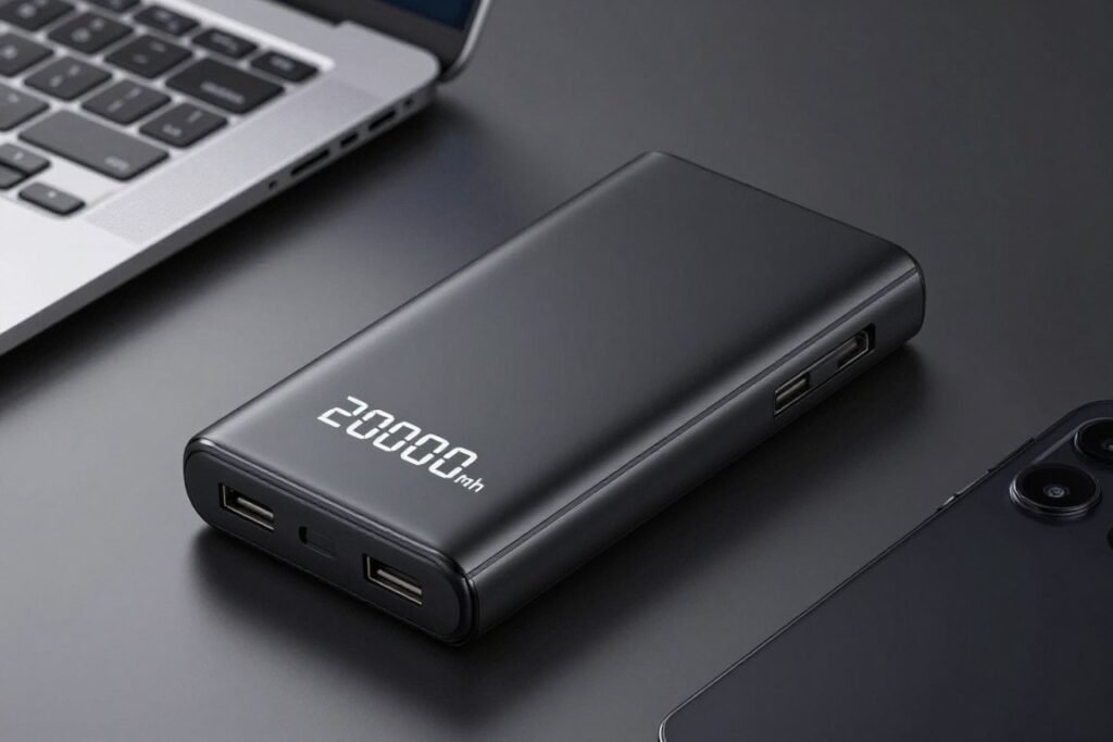 high capacity power bank with digital display showing battery level