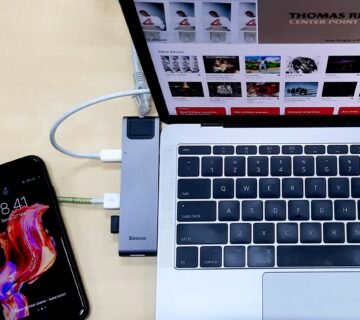 Silver laptop computer turned on