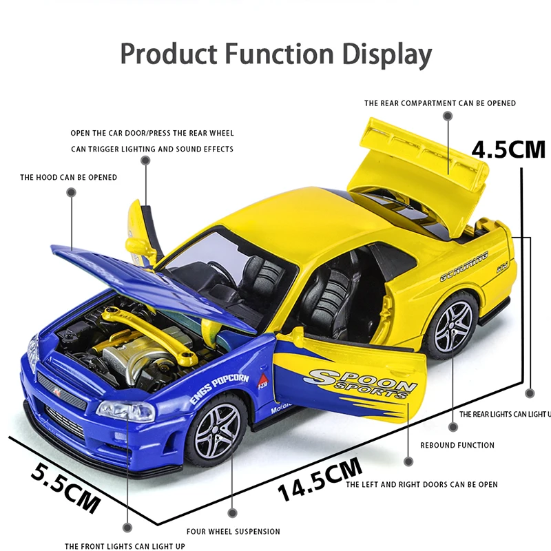 1:32 GTR R34 Diecast Model Car – Sound & Light Collectible Image 6