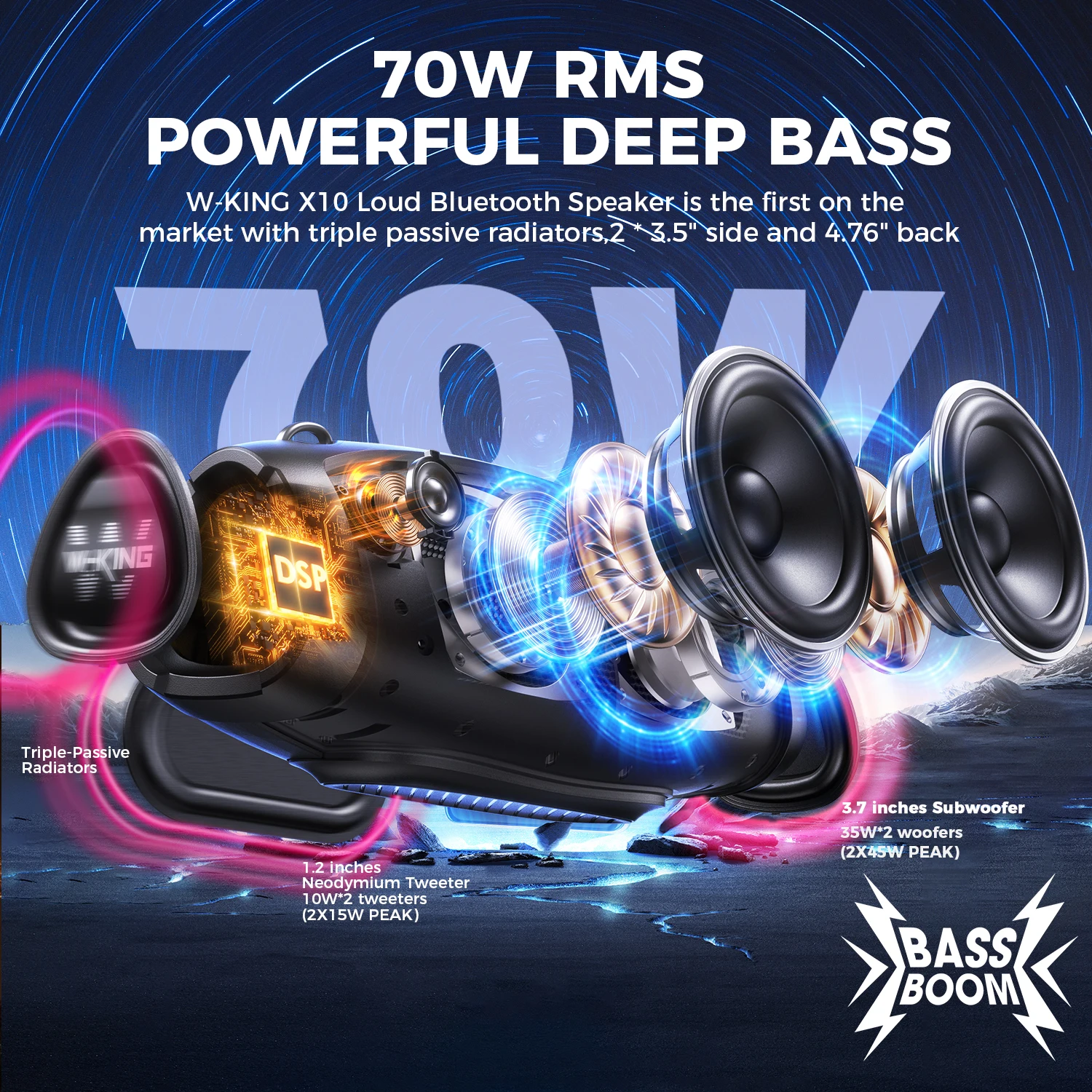 W KING X10 Bluetooth Speaker – 120W Max Powerful Outdoor Party Speaker Image 3